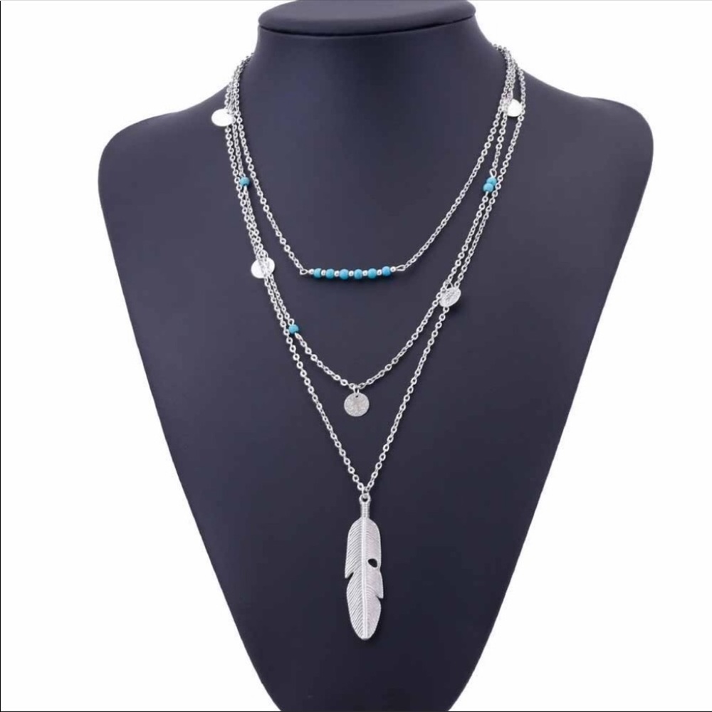 3 Layer Feather Necklace in Silver